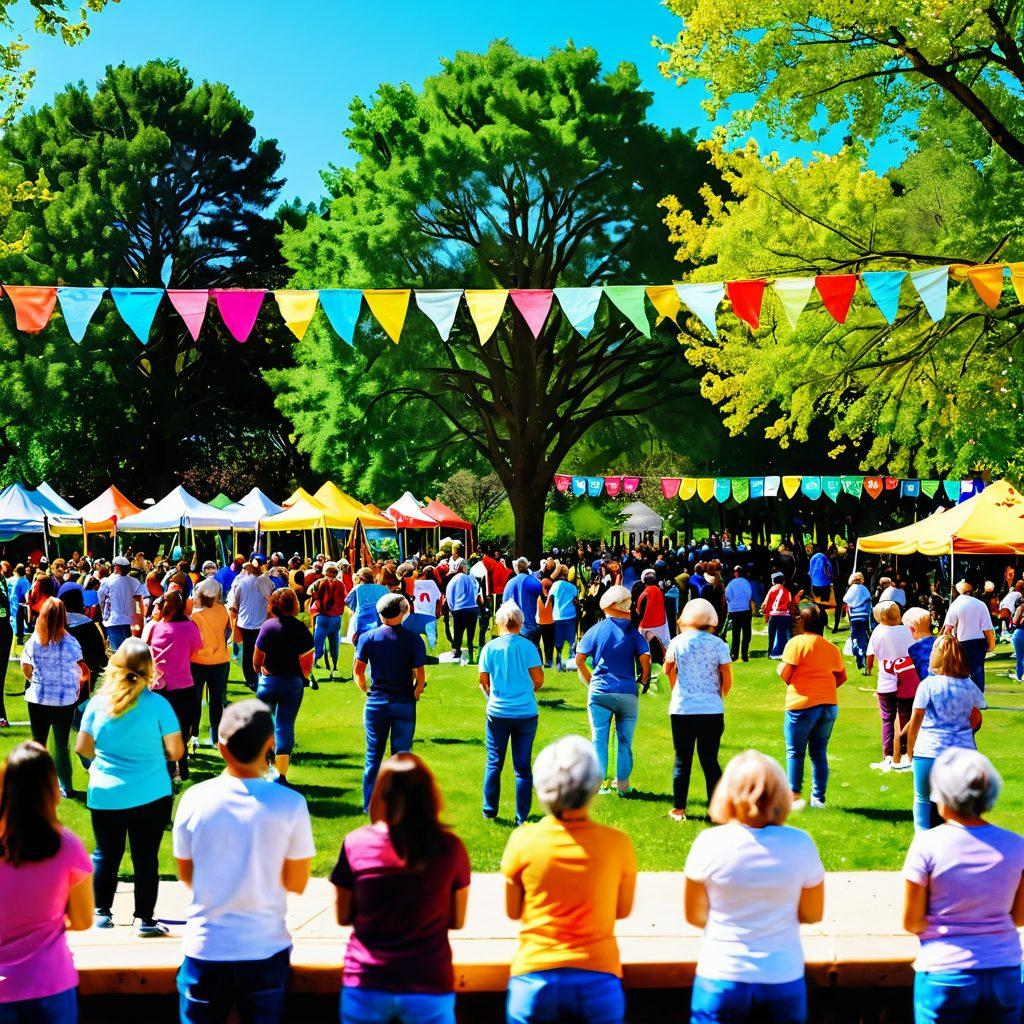 A vibrant community gathering with diverse individuals of all ages joyfully participating in various activities that promote happiness and resilience, surrounded by colorful banners showcasing strategies for a thriving community. Include elements like workshops, support groups, and outdoor games. The background features a sunny park with blooming flowers and trees, symbolizing growth and positivity. super-realistic. bright colors. uplifting atmosphere.