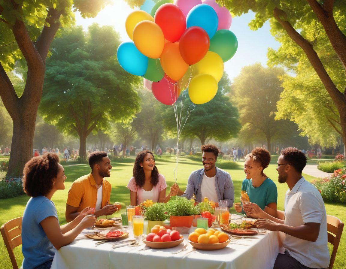 A diverse group of people smiling and engaging in activities like gardening, playing music, and sharing meals in a sunny park setting, representing unity and support. Include vibrant balloons and colorful banners in the background, symbolizing celebration. Enhance the atmosphere with soft sunlight filtering through the trees, creating a warm and inviting scene. super-realistic. vibrant colors. 3D.
