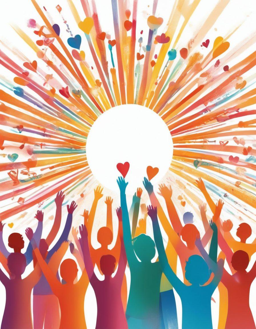 A vibrant illustration of a diverse group of people joyfully connecting and supporting each other, forming a colorful human network. Encompassed by a bright sun shining down, with uplifting symbols like hearts and smiles in the background. Include a variety of activity scenes, showing collaboration and positivity. Emphasize warmth and togetherness. vector art. vibrant colors. white background.